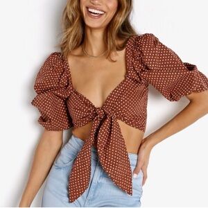 Faithful the Brand Raylee XS 2 Crop Top Polka Dot Puff Sleeves Tie front Brown